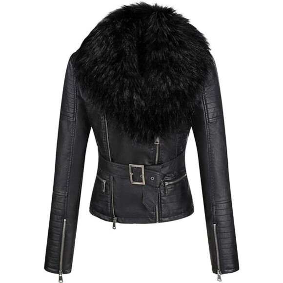 Black Faux Fur Leather Belted Motorcycle Bomber Jacket Sherpa Winter Biker Coat‎ - Picture 7 of 10